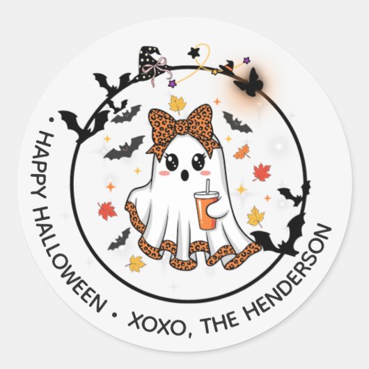Cute Ghost Round Sticker – Halloween Bow & Bats ラウンドシール (正面)