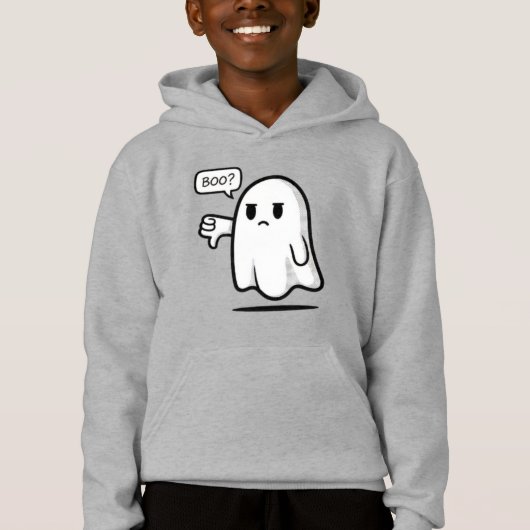 Cute Ghost Saying ‘Boo?’ – Kids Halloween Pullover (正面)