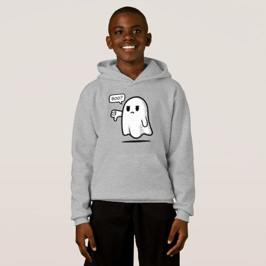 Cute Ghost Saying ‘Boo?’ – Kids Halloween Pullover (正面フル)