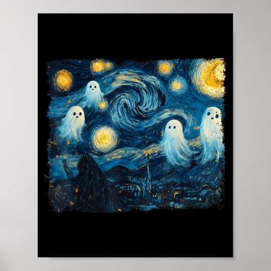 Cute Ghost Starry Night Halloween Soky Retro Van G ポスター (正面)