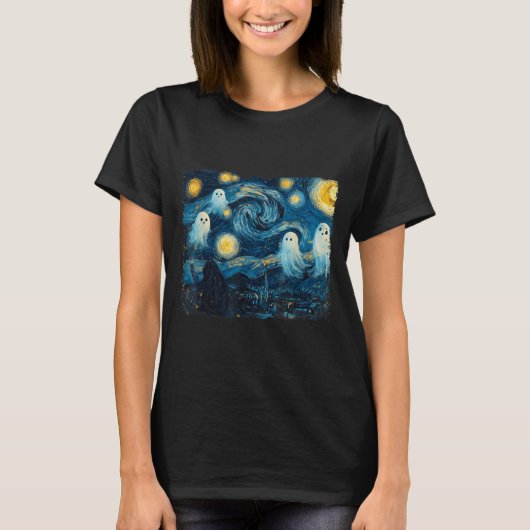 Cute Ghost Starry Night Halloween Soky Retro Van G Tシャツ (正面)