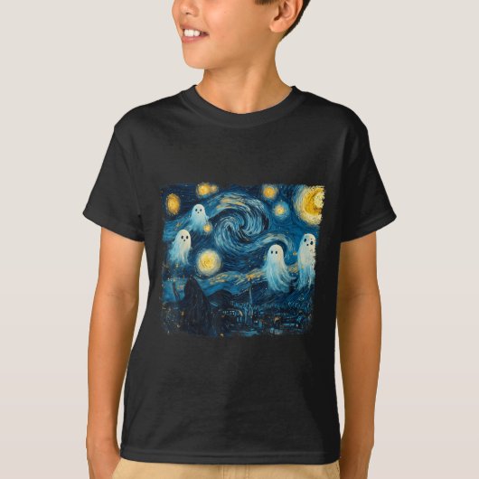 Cute Ghost Starry Night Halloween Soky Retro Van G Tシャツ (正面)