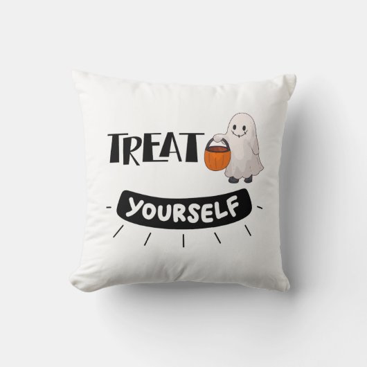 Cute Ghost “Treat Yourself” Pillow Halloween Theme クッション (正面)
