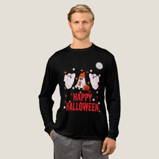 Cute Ghost Trio Happy Halloween Long Sleeve トライブレンドＴシャツ (正面全体)