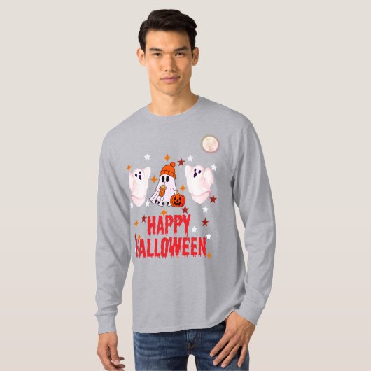 Cute Ghost Trio Happy Halloween Long Sleeve Tシャツ (正面フル)