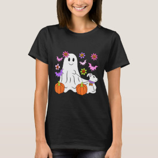Cute Ghost Walking Dog Floral Pumpkin Pet Lover Ha Tシャツ
