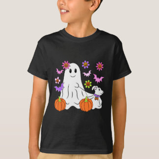 Cute Ghost Walking Dog Floral Pumpkin Pet Lover Ha Tシャツ
