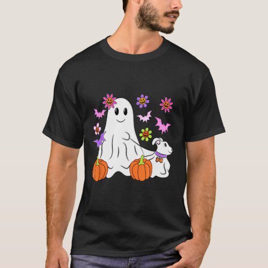 Cute Ghost Walking Dog Floral Pumpkin Pet Lover Ha Tシャツ (正面)