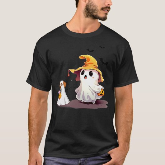 Cute Ghost Walking Dog Ghost Dog Halloween Night F Tシャツ (正面)
