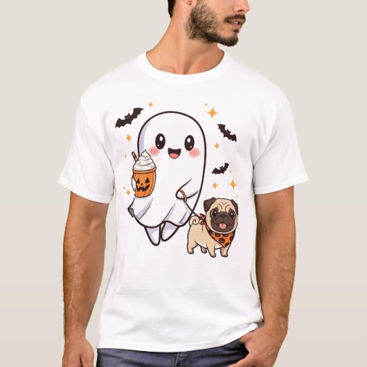 Cute Ghost Walking Dog Pug Coffee Halloween Costum Tシャツ (正面)