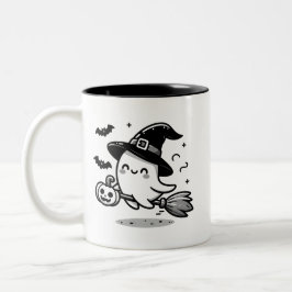 Cute Ghost Witch with Pumpkin & Broom | Two-Sided  ツートーンマグカップ