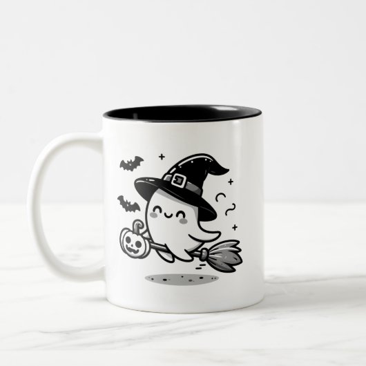 Cute Ghost Witch with Pumpkin & Broom | Two-Sided ツートーンマグカップ (左)