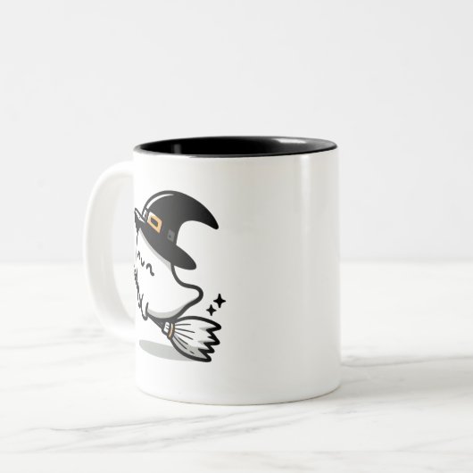 Cute Ghost Witch with Pumpkin & Broom | Two-Sided  ツートーンマグカップ (正面左)