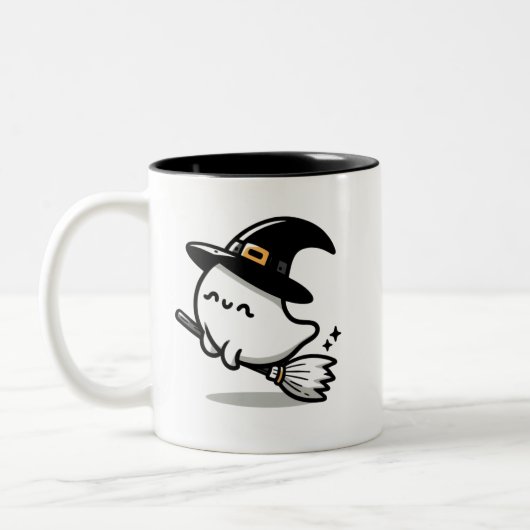 Cute Ghost Witch with Pumpkin & Broom | Two-Sided  ツートーンマグカップ (左)