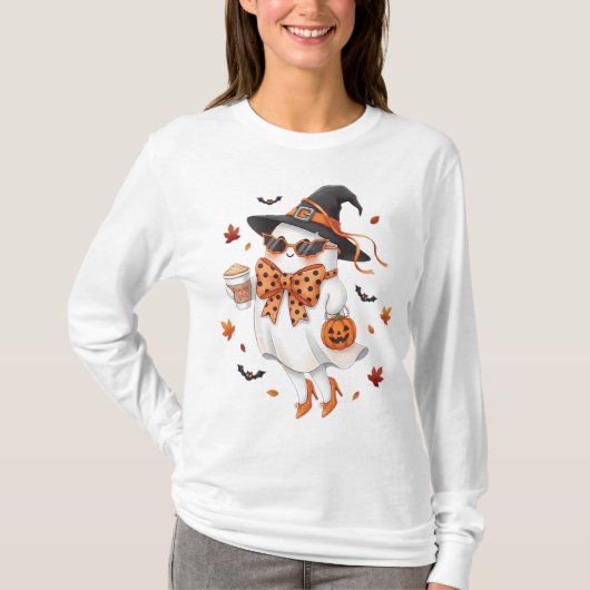 Cute Ghost Witch with Pumpkin Spice Latte Tシャツ (正面)