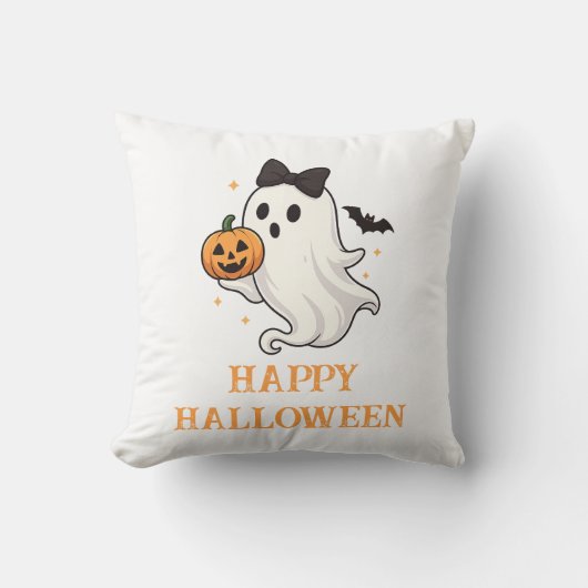 Cute Ghost with Bow and Pumpkin | Halloween  クッション (正面)