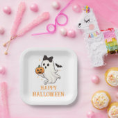 Cute Ghost with Bow and Pumpkin | Halloween  ペーパープレート (パーティー)