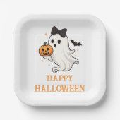 Cute Ghost with Bow and Pumpkin | Halloween  ペーパープレート (正面)