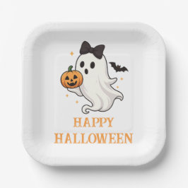 Cute Ghost with Bow and Pumpkin | Halloween  ペーパープレート