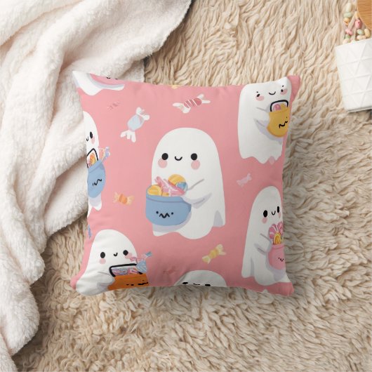 CUTE GHOST WITH CANDIES Throw Pillow クッション (ブランケット)
