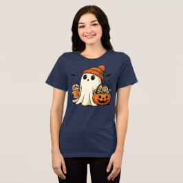 Cute Ghost with Candy & Pumpkin Drink トライブレンドＴシャツ
