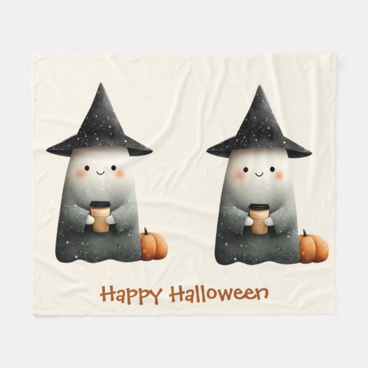 Cute Ghost with Coffee Halloween フリースブランケット (正面(横))