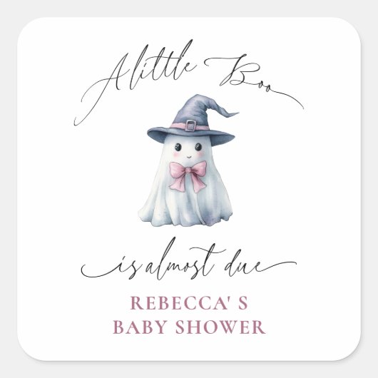 Cute Ghost with Pink Bow & Witch Hat Baby Shower  スクエアシール (正面)