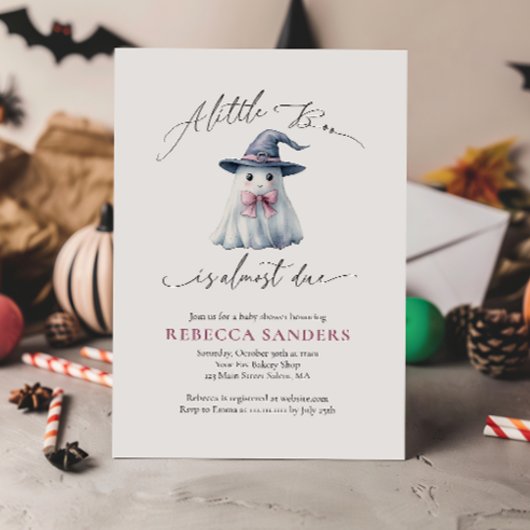 Cute Ghost with Pink Bow & Witch Hat Baby Shower 招待状