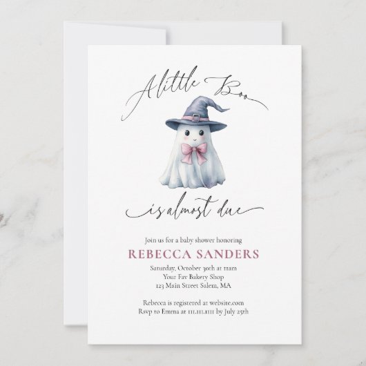 Cute Ghost with Pink Bow & Witch Hat Baby Shower 招待状 (正面)