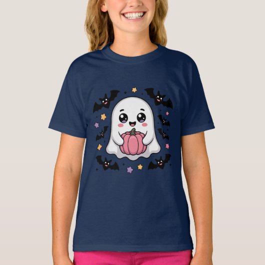 Cute Ghost with Pumpkin and Bats  Tシャツ (正面)