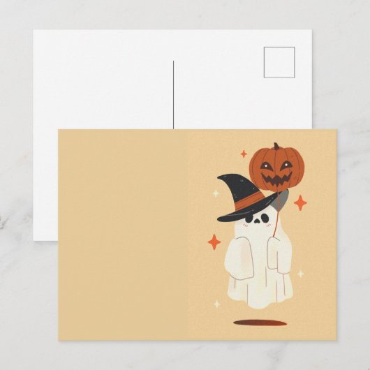 Cute Ghost with Pumpkin Balloon postcard ポストカード (正面/裏面)