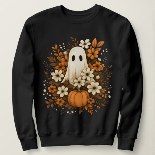 Cute Ghost With Pumpkin & Fall Flowers – Halloween スウェットシャツ (デザイン正面)