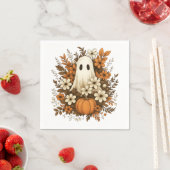 Cute Ghost With Pumpkin & Fall Flowers – Halloween スタンダードカクテルナプキン (インサイチュ)