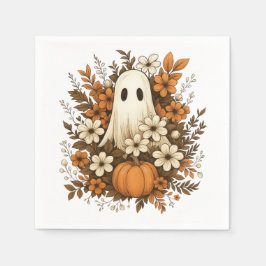 Cute Ghost With Pumpkin & Fall Flowers – Halloween スタンダードカクテルナプキン
