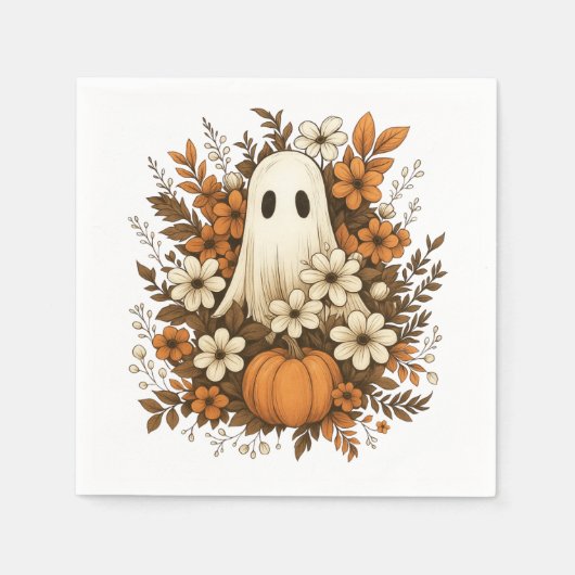 Cute Ghost With Pumpkin & Fall Flowers – Halloween スタンダードカクテルナプキン (正面)