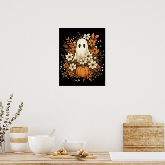 Cute Ghost With Pumpkin & Fall Flowers – Halloween ポスター (キッチン)