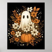 Cute Ghost With Pumpkin & Fall Flowers – Halloween ポスター (正面)