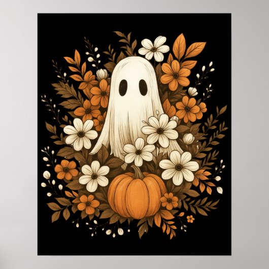 Cute Ghost With Pumpkin & Fall Flowers – Halloween ポスター (正面)