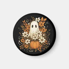 Cute Ghost With Pumpkin & Fall Flowers – Halloween マグネット