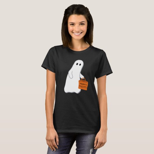 Cute Ghost with Treat Bag Personalized T-shirt Tシャツ (正面フル)
