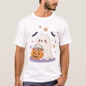 Cute Ghost with Trick-or-Treat Candy Bucket Tシャツ (正面)