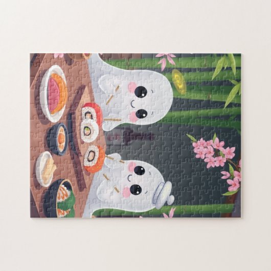 Cute ghosts eating sushi ジグソーパズル (横)