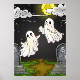 Cute Ghosts Flying in Moonlit Graveyard Halloween ポスター