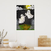 Cute Ghosts Flying in Moonlit Graveyard Halloween ポスター (キッチン)