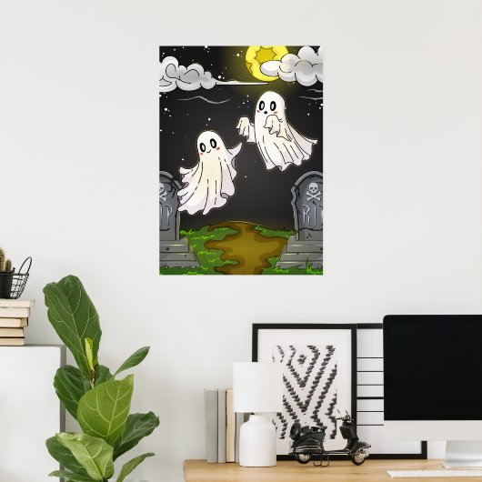 Cute Ghosts Flying in Moonlit Graveyard Halloween ポスター (ホームオフィス)
