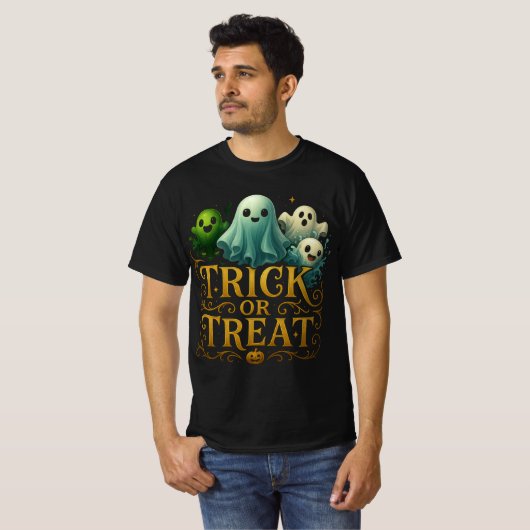 Cute Ghosts "Trick or Treat" Design Tシャツ (正面フル)