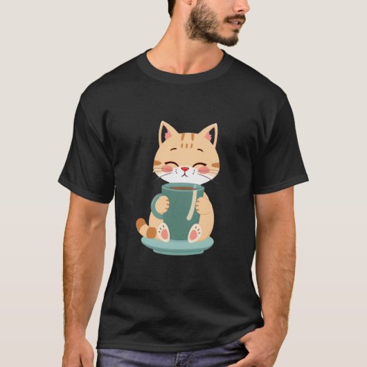 Cute Ginger Cat Hugging Cozy Coffee Teal Mug ✨🐾☕ Tシャツ (正面)