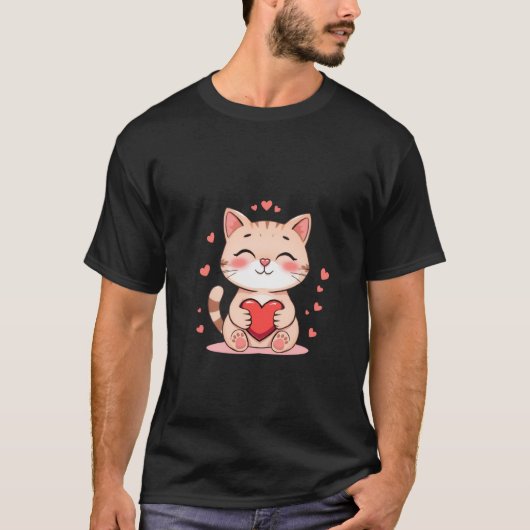 Cute Ginger Cat Hugging Red Heart Love Art ✨🐾❤️ Tシャツ (正面)