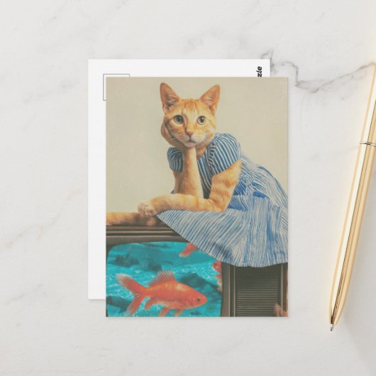 Cute Ginger Cat With Goldfish Retro Collage ポストカード (正面/裏面インサイチュ)