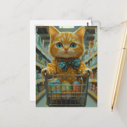 Cute Ginger Kitty Shopping For Groceries ポストカード (正面/裏面インサイチュ)
